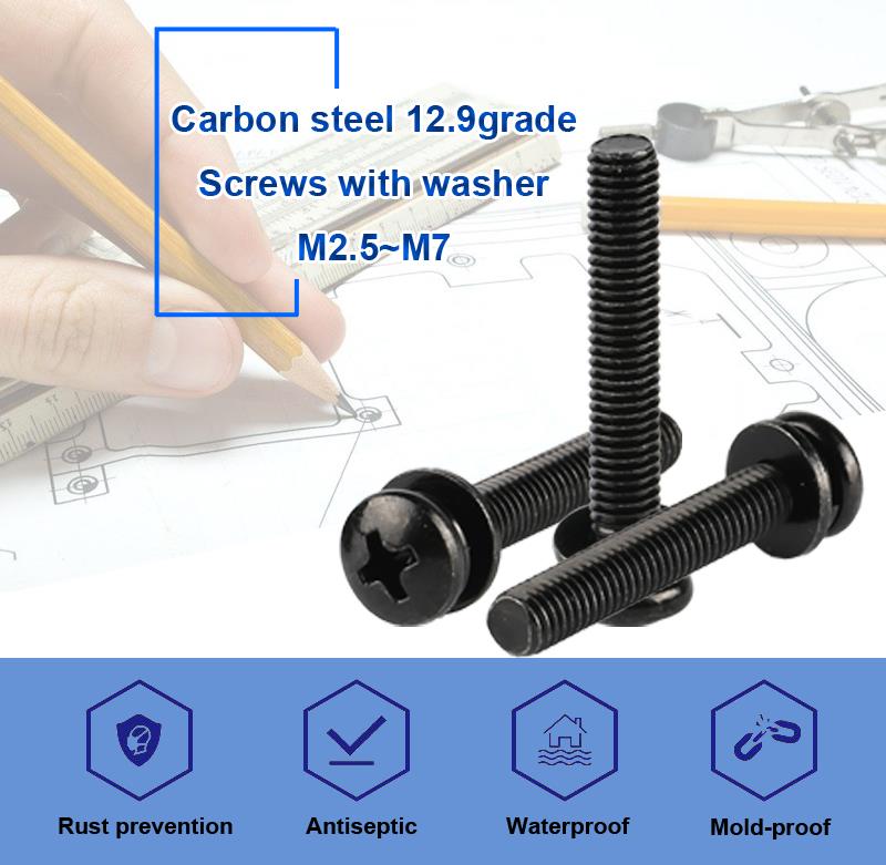 carbon steel 12.9 grade machine screw with washer